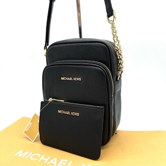 Michael Kors Medium NS Chain Xbody Bag & Small TZ Coinpouch w/ID Black/Gold - Picture 1 of 14
